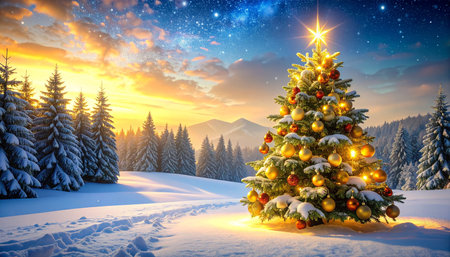 Christmas tree in a snowy forest at sunset. 3d illustration.の素材