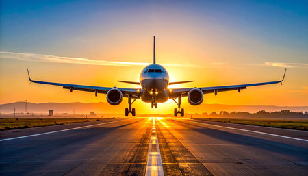Airplane taking off from runway at the airport at sunset, travel conceptの素材
