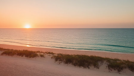 Sunset on the beach. Panoramic view of the sea and sand dunes.の素材