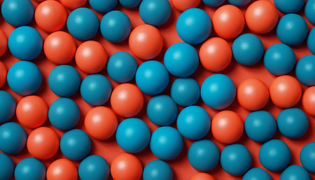 Blue and red plastic balls on orange background. 3d render illustrationの素材