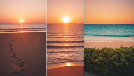 Set of beautiful sunset on the beach. Collage. Selective focus.の素材