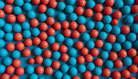 Red and blue plastic balls on blue background. 3d rendering.の素材