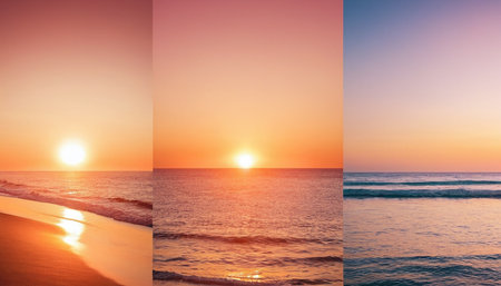 Beautiful sunset over sea. Collage. Selective focus.の素材