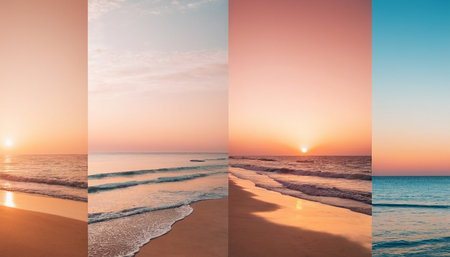 Set of beautiful sunset on the beach. Collage. Selective focus.の素材