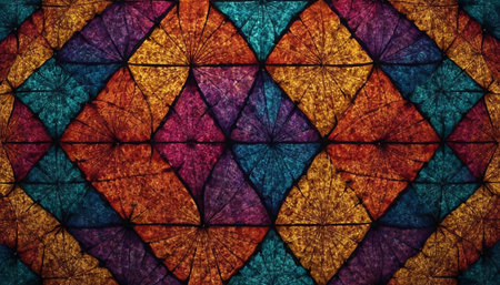 Abstract background of a colorful stained glass window with abstract geometric pattern.の素材