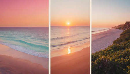 Set of beautiful seascape at sunset and sunrise. Collageの素材