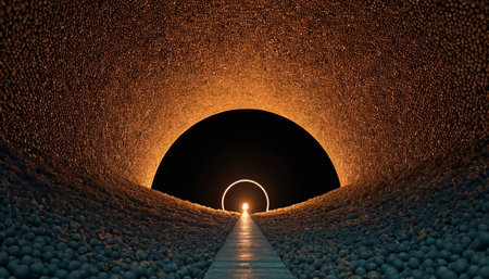 A path leading through a dark tunnel with a light at the end.の素材