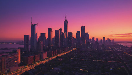 Aerial view of Shanghai skyline at sunset. Shanghai is the capital and largest city of China.の素材