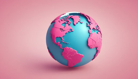 Earth globe on pink background, 3d render illustration, horizontal imageの素材