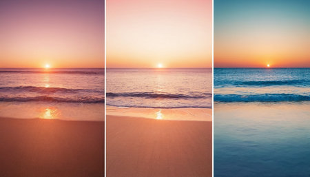 Beautiful sunset on the beach. Collage. Selective focus.の素材