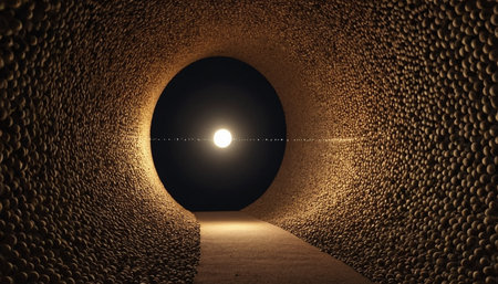 3d render of a dark tunnel with a bright sun in the middleの素材