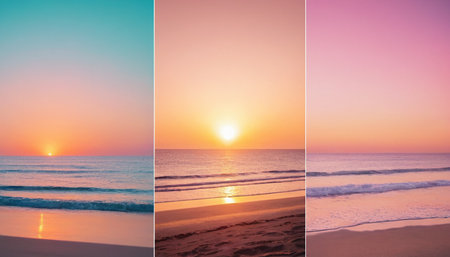 Beautiful sunset on the beach. Collage. Selective focus. nature.の素材