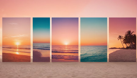 Tropical beach sunset background. Collage. Selective focus.の素材