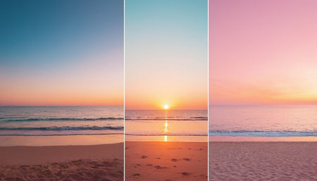 Sunset on the beach. Collage. Beautiful nature background.の素材