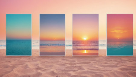 Tropical beach at sunset. Collage. Selective focus. nature.の素材