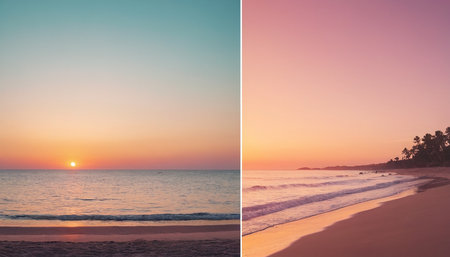 Sunset on the beach. Collage. Selective focus.の素材
