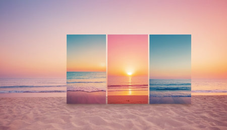 Blank photo frame with sea and sky background. Vintage tone.の素材