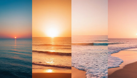 Beautiful sunset on the beach. Collage. Selective focus.の素材