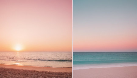 Photo collage of sunset over the sea and the sandy beach.の素材
