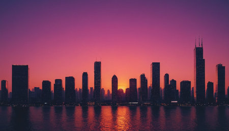 Dubai skyline at sunset, United Arab Emirates. Dubai is the fastest growing city in the world.の素材