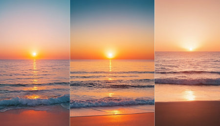 Set of beautiful sunset on the beach. Collage. Selective focus.の素材