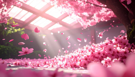 Cherry blossoms in full bloom in a greenhouse, 3D renderingの素材