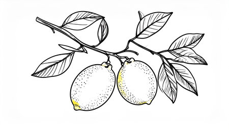Lemon fruit on branch with leaves. Hand drawn vector illustration.の素材