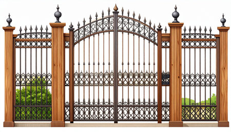 Illustration of a metal gate with a lattice on a white backgroundの素材