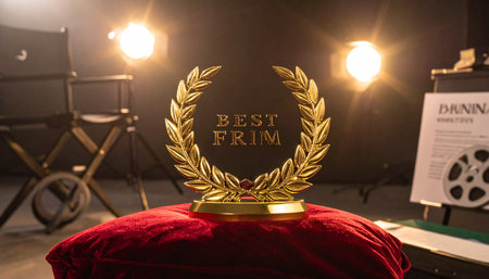 Golden laurel wreath on a red velvet tablecloth with light in the backgroundの素材