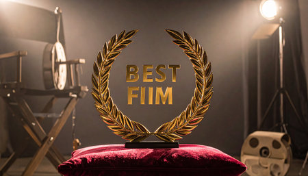 Golden award for best film on red velvet pillow on studio background.の素材
