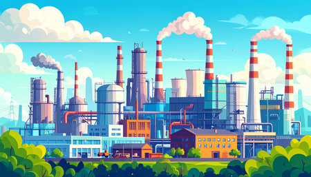 Industrial landscape with smokestacks and factory buildings. Vector illustrationの素材