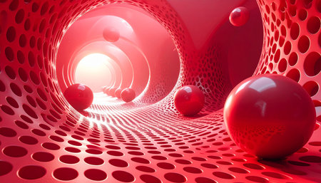 3d render of abstract geometric background with red balls in a tunnelの素材