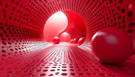 3d render of red abstract background with geometric shapes and holes.の素材