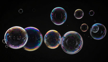 Soap bubbles isolated on black background. 3d rendering, 3d illustration.の素材