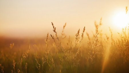 Grass in the field at sunset. Nature background. Sunset.の素材