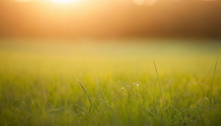 Green grass in the meadow at sunset. Beautiful natural background.の素材