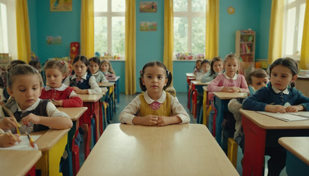 Back to school. Cute little girl sitting at the desk in kindergarten and looking at cameraの素材