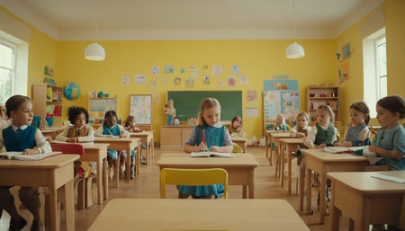 Front view of little girl writing in notebook while sitting at desk in classroomの素材