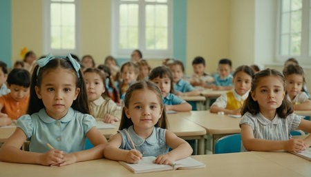 Portrait of a group of elementary school students sitting in the classroomの素材