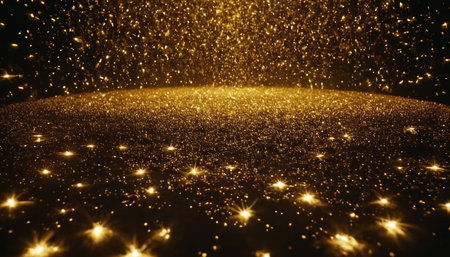 golden glitter particles and bokeh defocused lights abstract backgroundの素材