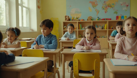 Group of children sitting at desk and writing in notebook in classroom at schoolの素材