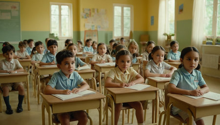 Portrait of a group of elementary school students sitting in a classroomの素材
