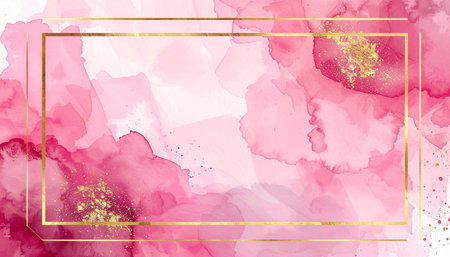 Abstract pink watercolor background with golden frame. Vector Illustration.の素材
