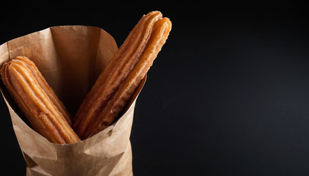Churros in paper bag on black background. Close up.の素材