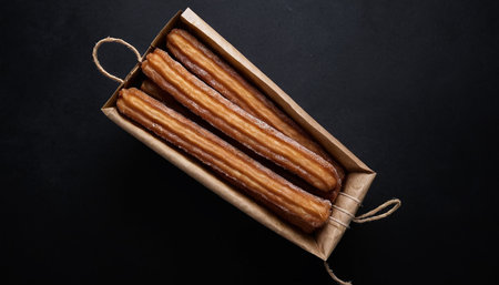 Churros in a box on a black background, top viewの素材