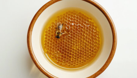 Honey comb and bee in a bowl on a white background.の素材