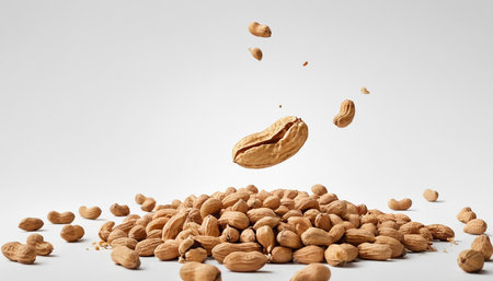 Pile of peanuts falling into the air on a white background.の素材