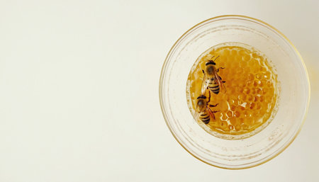 Honeycomb with bees on a white background. Space for text.の素材