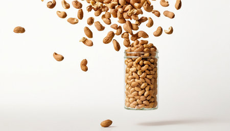 Mixed nuts falling into a glass jar on a white background.の素材