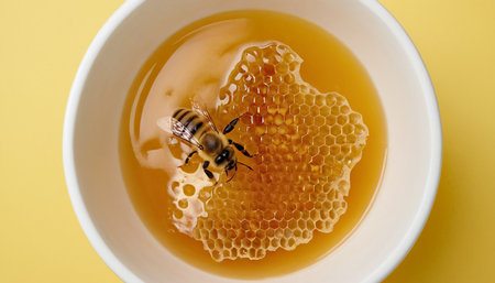 Honey with honeycombs and bee on a yellow background.の素材